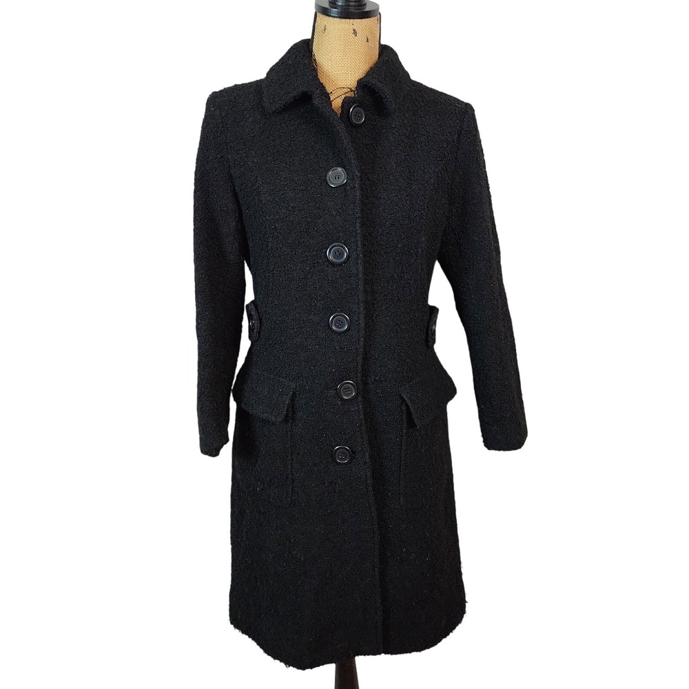 STATIC Size Medium Ukrainian Black Boucle Wool Blend Mid Length Winter Coat EUC